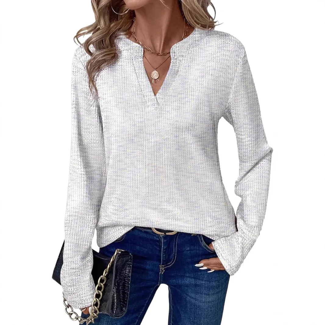 New Womens Notched V-Neck Long Sleeve Space Dye Waffle Knit Blouse Casual Loose Fit Top for Daily Wear by All Mart Bristol Ltd