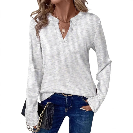 New Womens Notched V-Neck Long Sleeve Space Dye Waffle Knit Blouse Casual Loose Fit Top for Daily Wear by All Mart Bristol Ltd