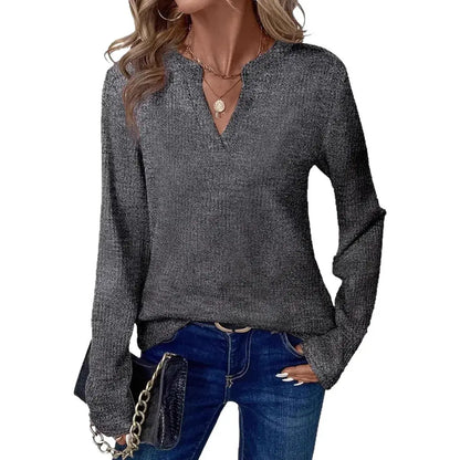 New Womens Notched V-Neck Long Sleeve Space Dye Waffle Knit Blouse Casual Loose Fit Top for Daily Wear by All Mart Bristol Ltd