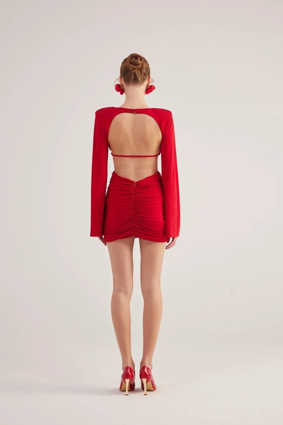 Hanna Red Backless Long Sleeve Mini Dress with Removable Rose Accessory by Holly Lolly