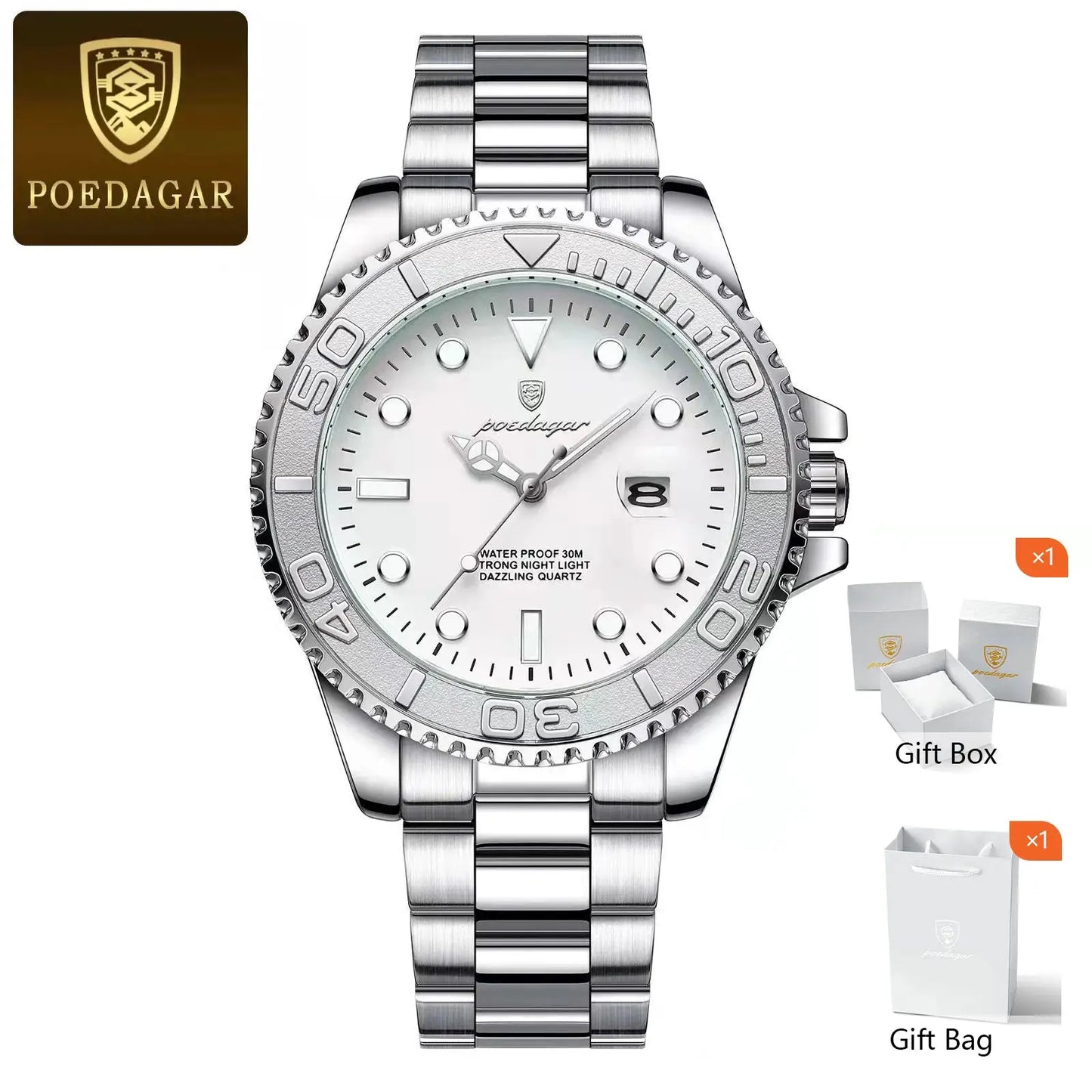 POEDAGAR Trendy Sport Man Watch Luminous Waterproof Stainless Steel Date Men Wristwatch Luxury Business Men's Quartz Watches+Box by All Mart Bristol Ltd