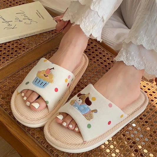 Women's Cartoon Embroidery Linen Slippers, Breathable Cotton Linen House Shoes, Comfortable Non-Slip Indoor Home Slides by All Mart Bristol Ltd