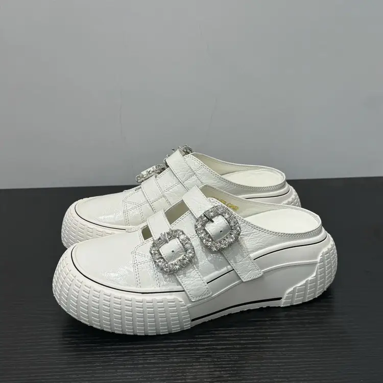 Women's Genuine Leather Platform Mules 2026 New Arrival, Square Buckle, Velcro, Rhinestone, Lazy Slip-on Closed-Toe Casual Slide Sandals by Dropshipman