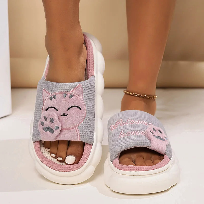 Home Linen Slipper for Women Cute Bunny Clouds Flip Flops Female Design Cozy Shoes Slides Four Season Platform Couples Sandals by All Mart Bristol Ltd
