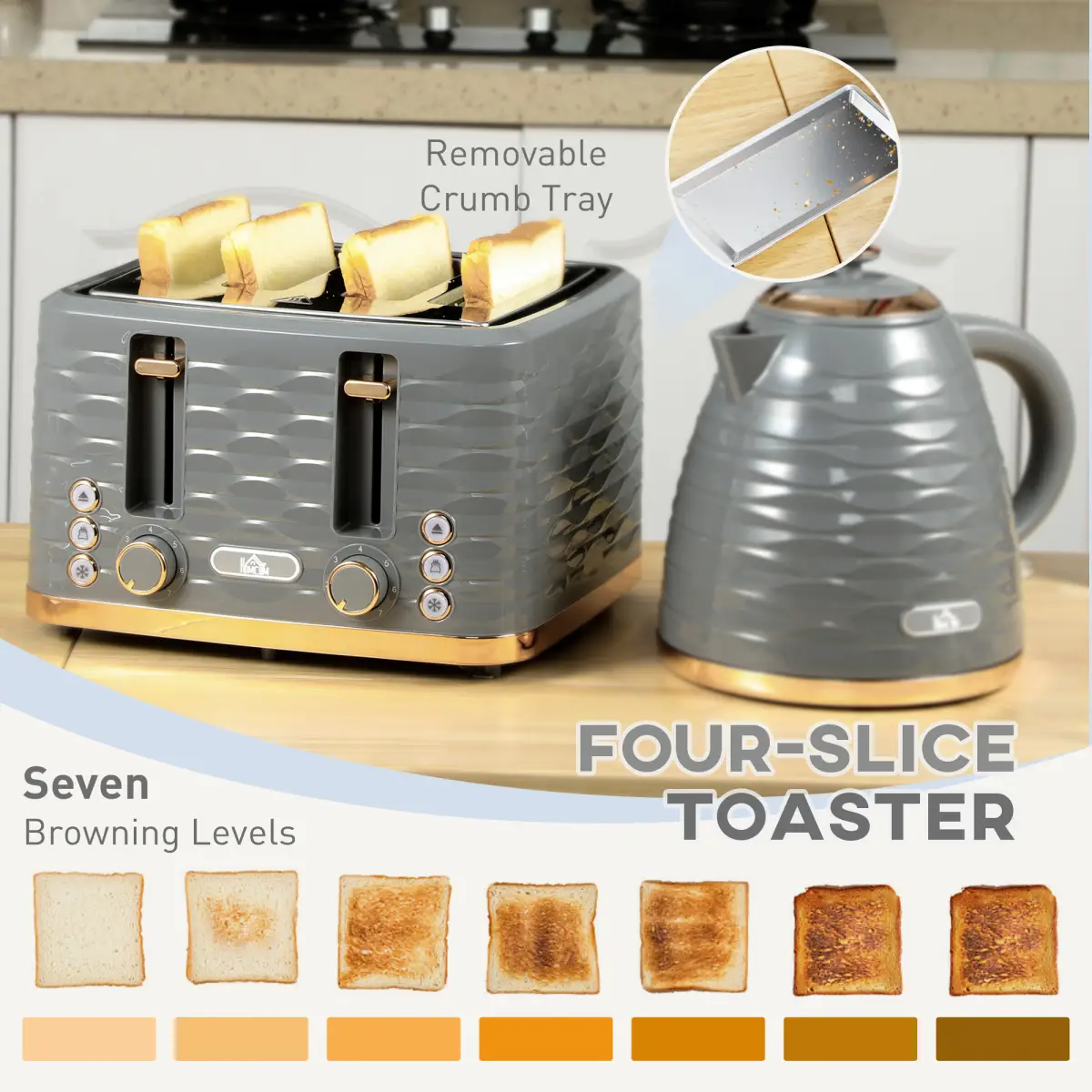 HOMCOM Kettle and Toaster Set 1.7L Rapid Boil Kettle & 4 Slice Toaster Grey by HOMCOM