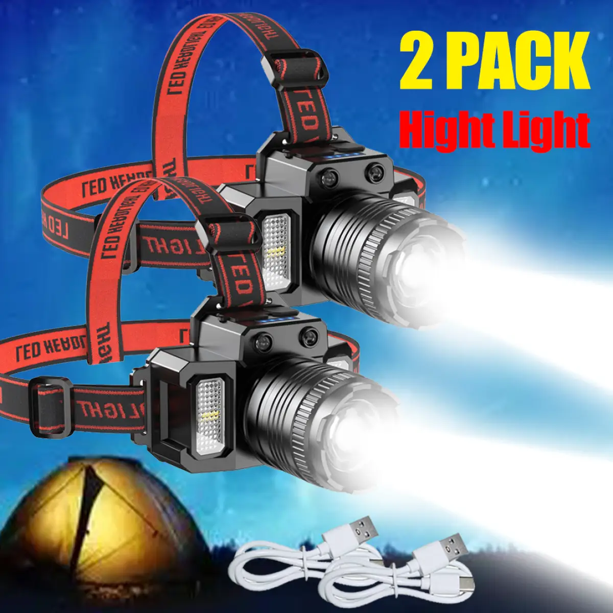 （2 Pack）5-Modes LED Headlamp Motion Sensor Headlamp USB Rechargeable Canping Hiking Headlight by N/A