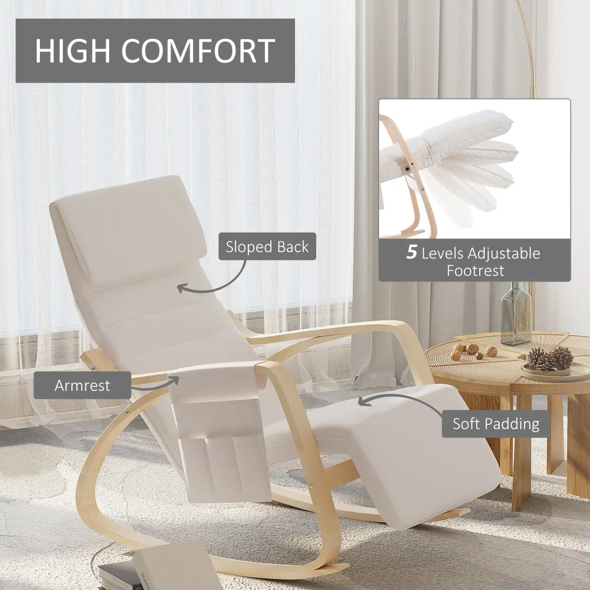 Rocking Chair Recliner Armchair with Adjustable Footrest, Cream White by HOMCOM