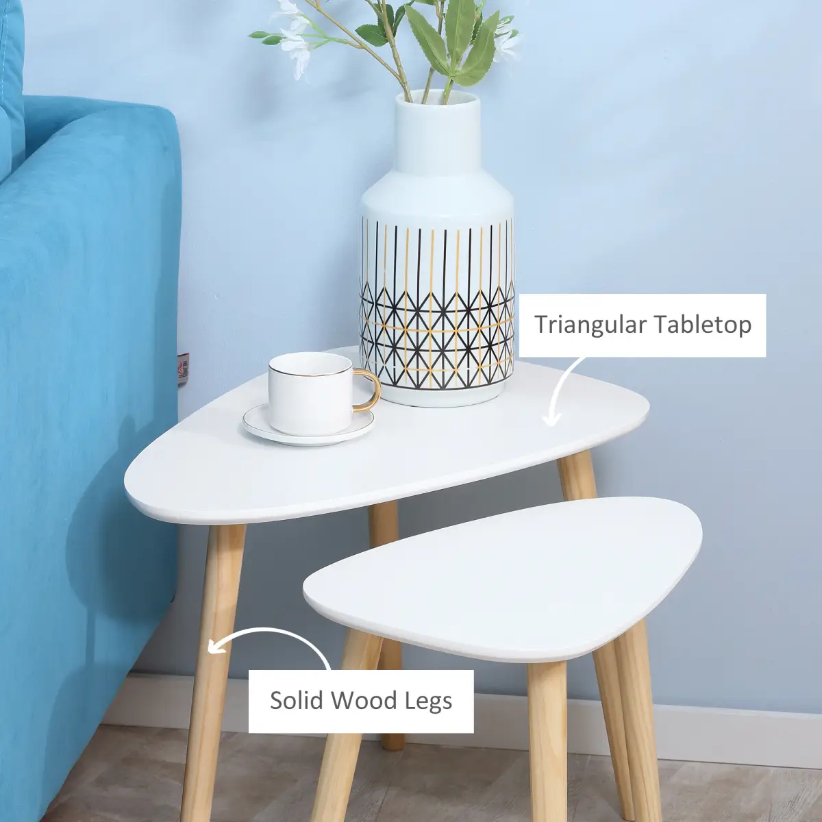 Side Table Set of 2 Nested Coffee Table W/ Solid Wood Legs Living Room White by Unbranded