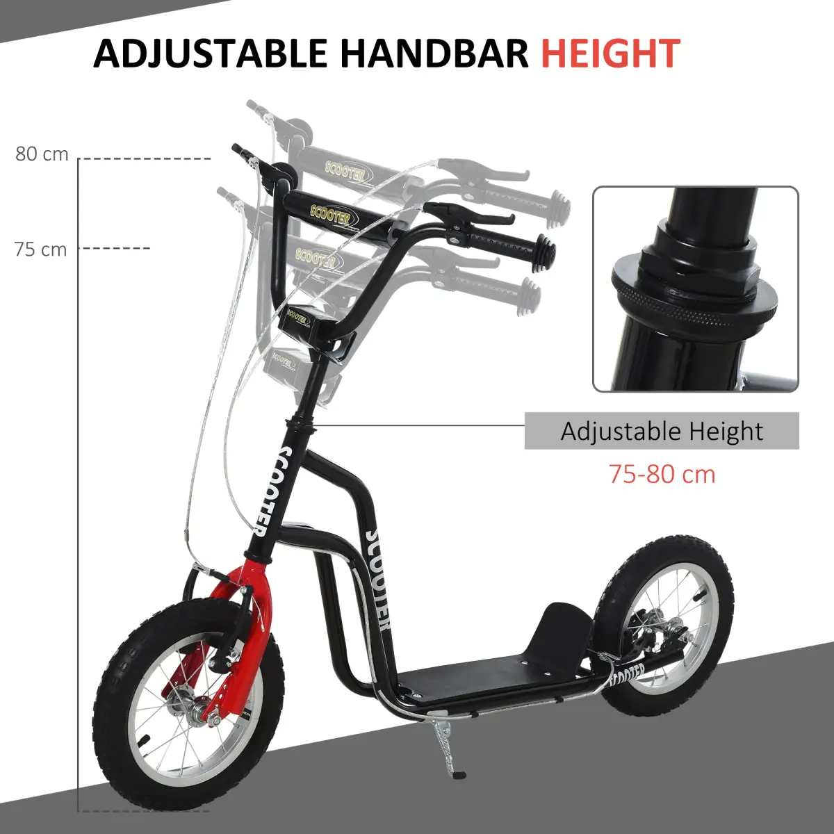 HOMCOM 75-80cm Kids Kick Scooter Adjustable Handlebar Inflatable Wheels Black by Unbranded