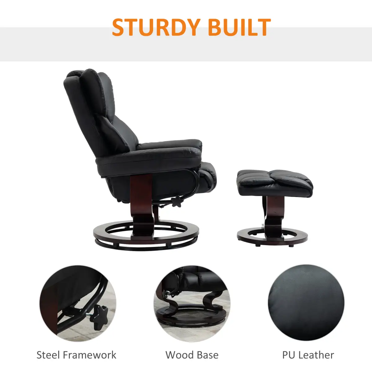 Padded PU Leather Manual Reclining Armchair Sofa Chair w/ Footstool Black by Unbranded