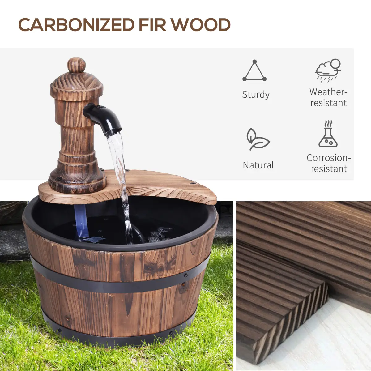 Outsunny Barrel Water Pump Fountain Rustic Wood Electric Water Feature Garden by Outsunny