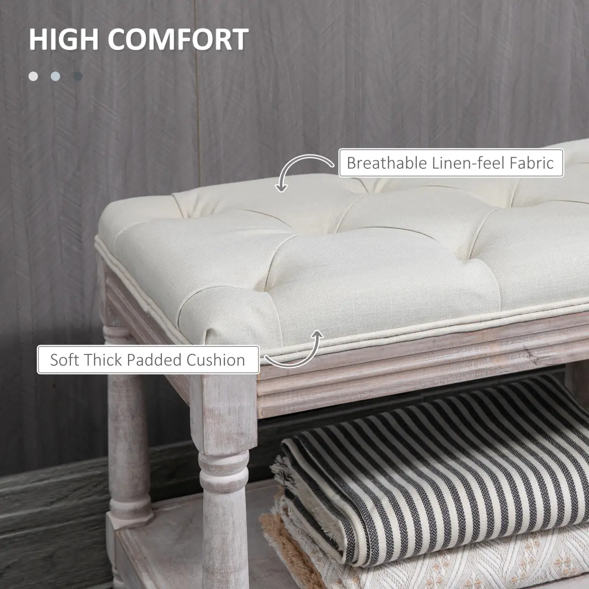 HOMCOM 2-Tier Bed End Bench, Vintage Stool Button Tufted Seat Cream White by Unbranded