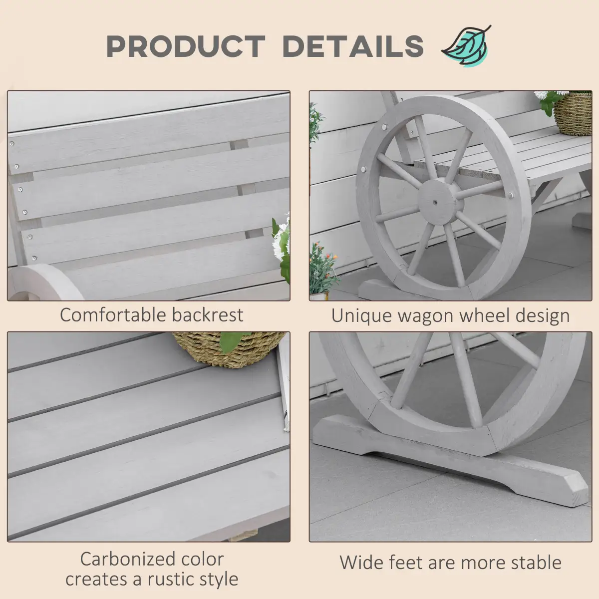 2 Seater Bench Armrest Chair & Wooden Cart Wagon Wheel Rustic High Back Grey by Outsunny