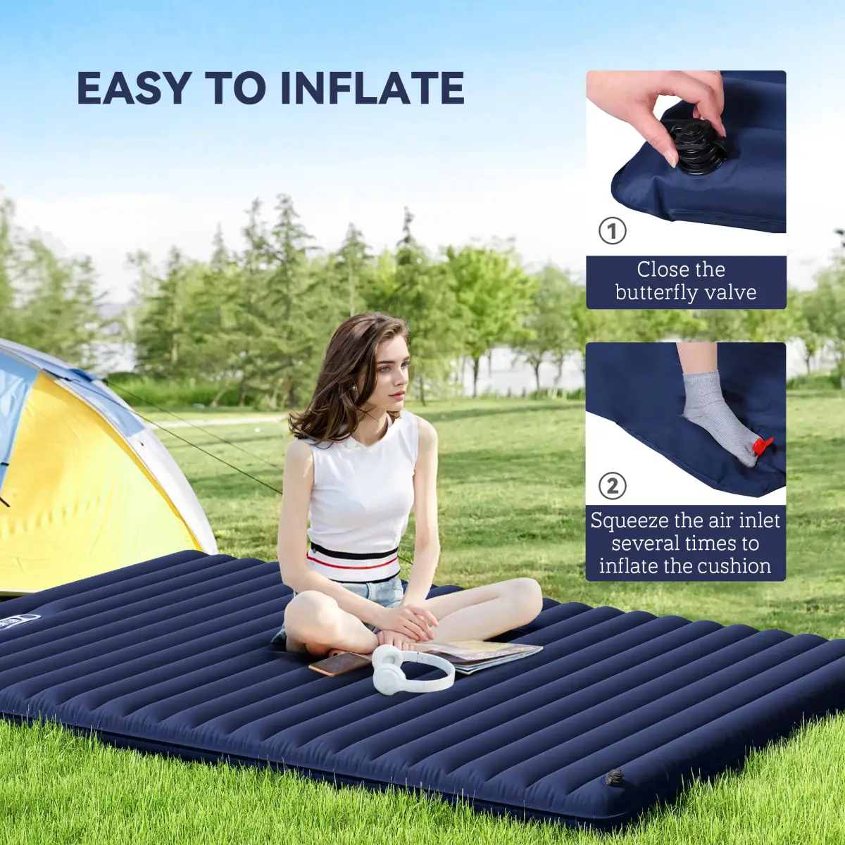 Inflatable Bed Double Mattress Camping Sleeping Outdoor Travel Blue Outsunny by Unbranded