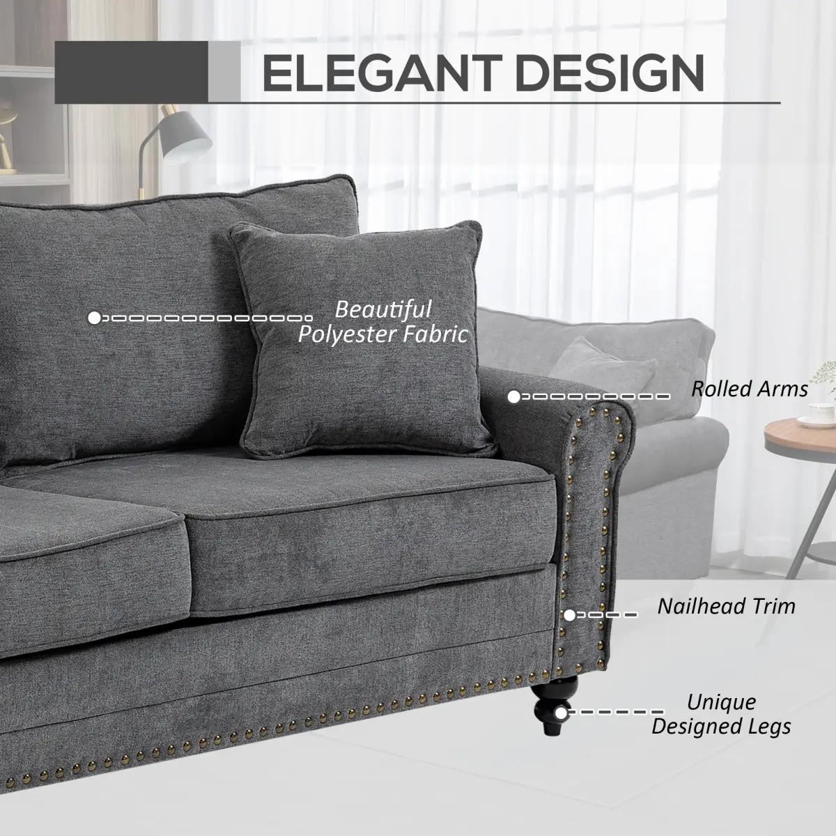 2 Seater Sofas Fabric Sofa with Nailhead Trim Cushions and Throw Pillows Grey by Unbranded