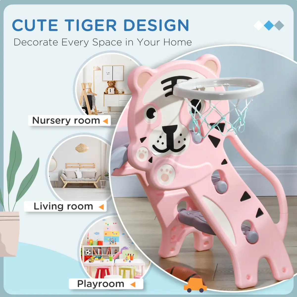 AIYAPLAY Kids Slide with Basketball Hoop, Basketball, for 18-36 Months, Pink by AIYAPLAY