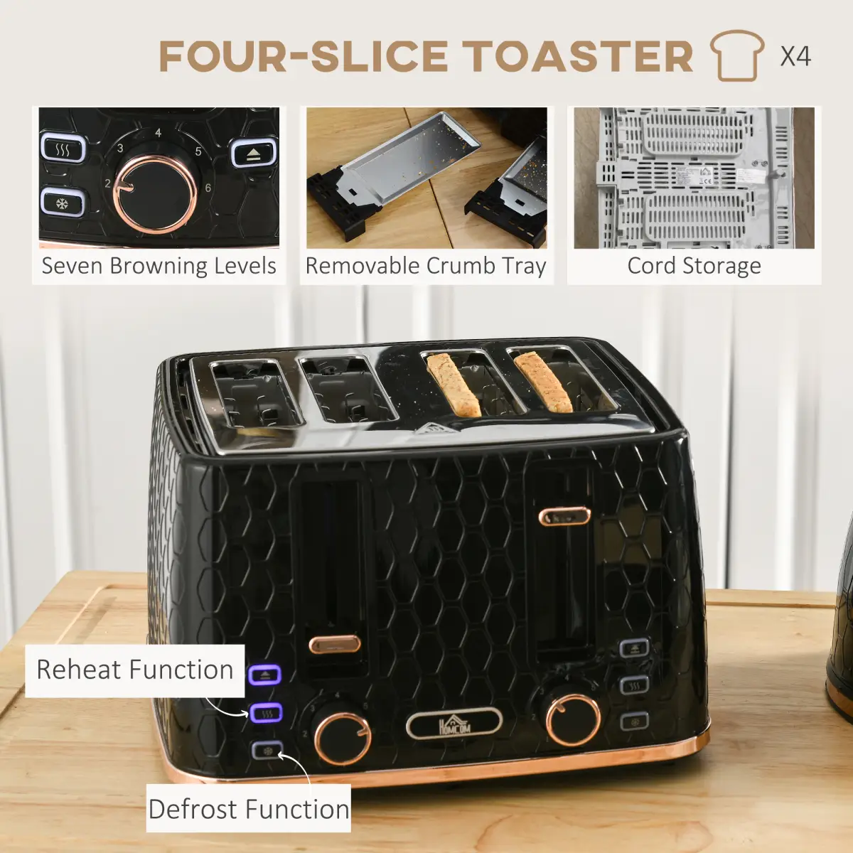 HOMCOM 1.7L Kettle and Toaster Set with Defrost, Reheat and Crumb Tray, Black by HOMCOM