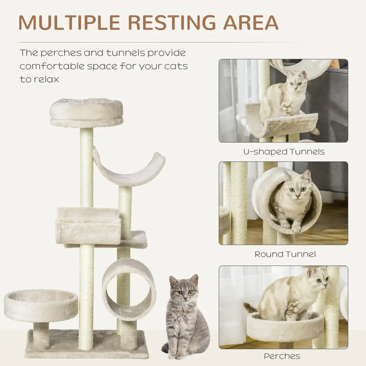 Multi-Level Large Cat Tree Scratching Post Perch Play Center Tunnel Beige by Pawhut