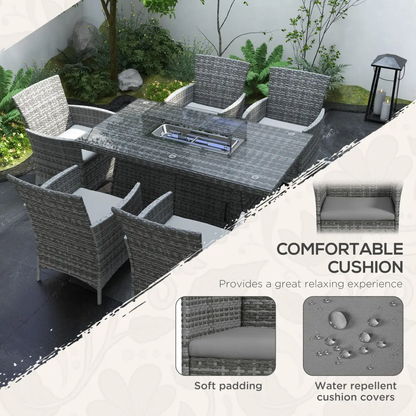 Outsunny PE Rattan Dining Set with Fire Pit Table and Cushioned Armchairs, Grey by Outsunny