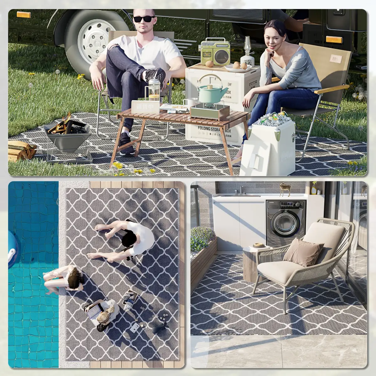 Reversible Outdoor Rug W/ Carry Bag for RV Camping Beach, 182 x 274 cm, Grey by Outsunny