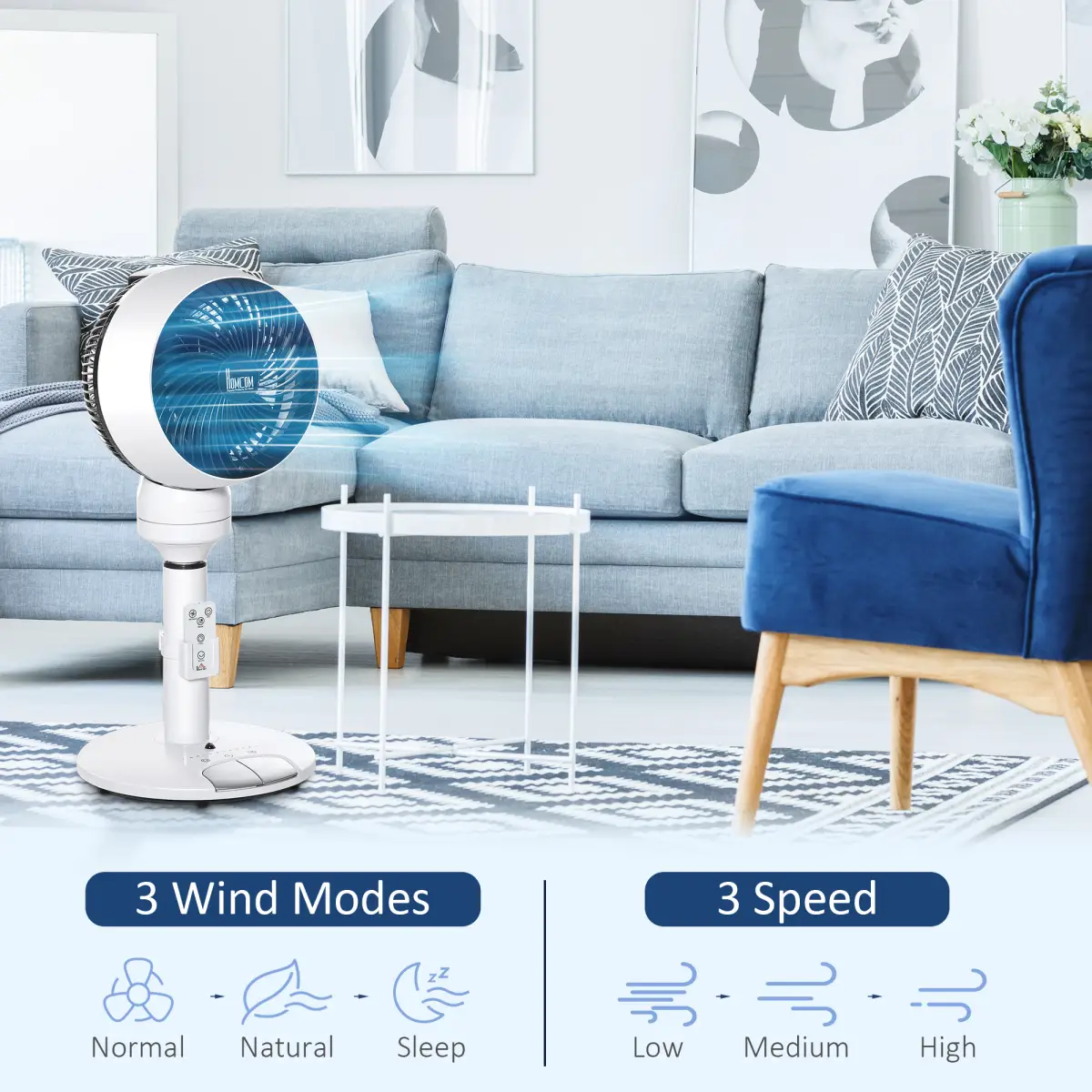 Air Circulator Fan 3 Speed 3 Mode, Oscillation Tilt, Height Adjust Black/White by HOMCOM