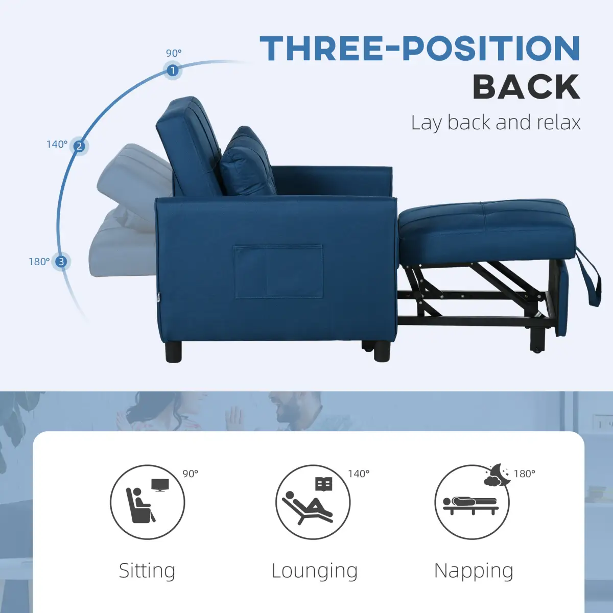 HOMCOM Pull Out Chair Bed, Sleeper Chair with Pillow, Side Pockets, Blue by HOMCOM
