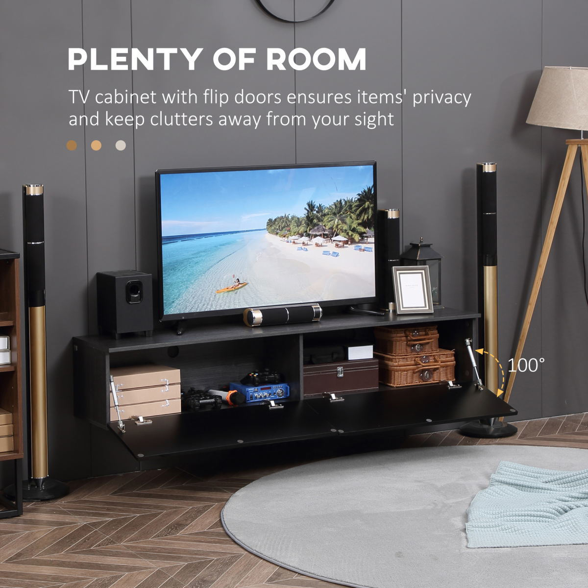Floating TV Unit Stand, Wall Mount Media Console with Storage Cupboards by Unbranded