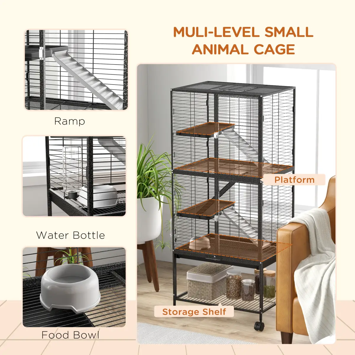 PawHut Ferret Cage 136cm Rolling Small Animal Cage w/ 3 Doors, Storage Shelf by PawHut