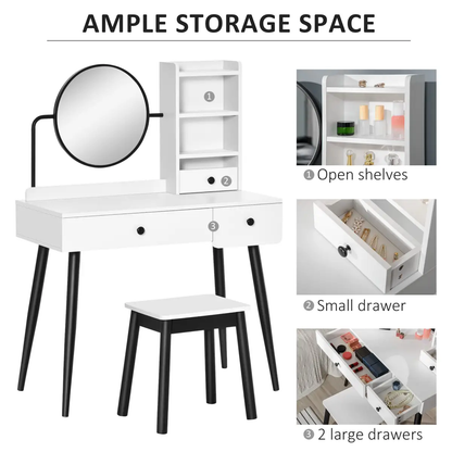 Dressing Table Set with 3 Drawers, Storage shelves and Stool, White by Unbranded