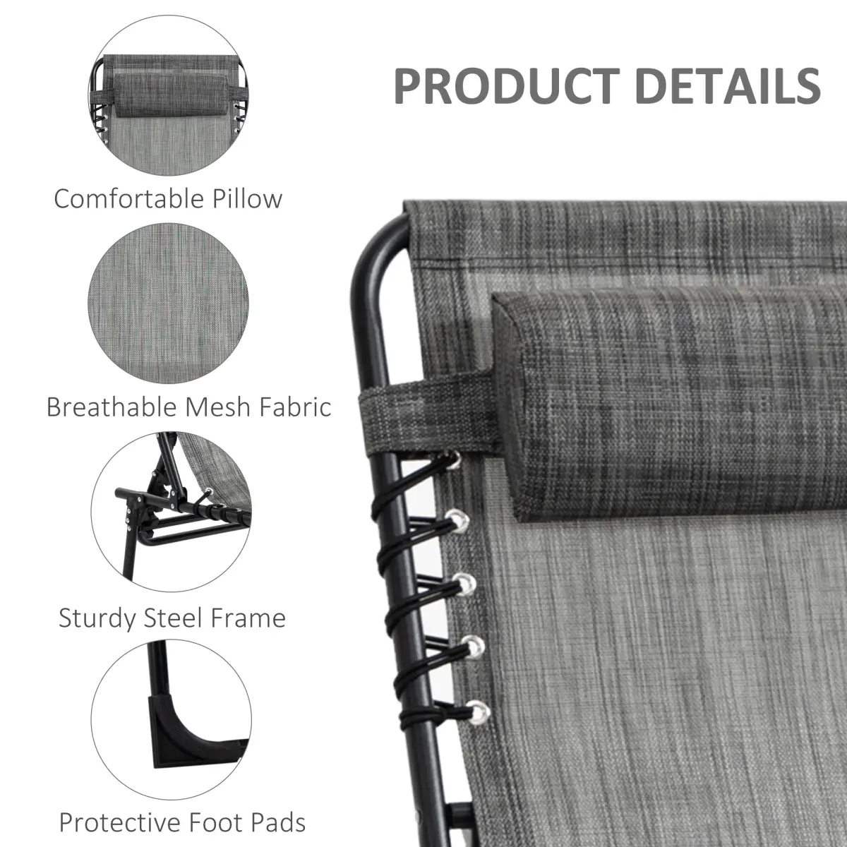 Portable Sun Lounger, Folding Camping Adjustable , Pillow Grey by Outsunny