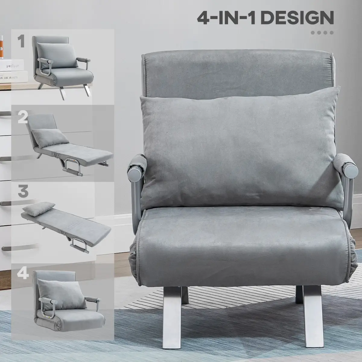 Sofa Bed Foldable Portable Armchair Sleeper Lounge Pillow Light Grey by HOMCOM