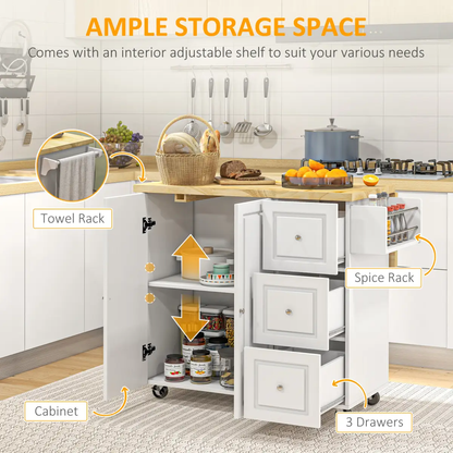 Drop-Leaf Kitchen Island on Wheels Utility Storage Cart with Drawers & Cabinet by Unbranded