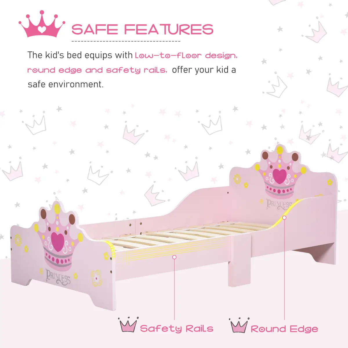 Kids Wooden Princess Crown & Flower Single Bed Safety Side Rails Slats by Homcom