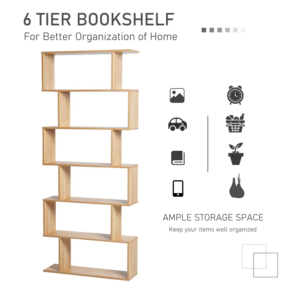 6-Tier Wooden Modern S-Shaped Shelf Storage Unit Home Office Oak Colour by Unbranded