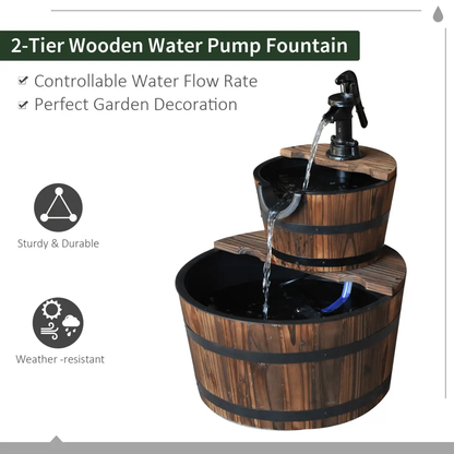 Wooden Water Pump Fountain, 2 Tier-Fir Wood/Steel by Outsunny