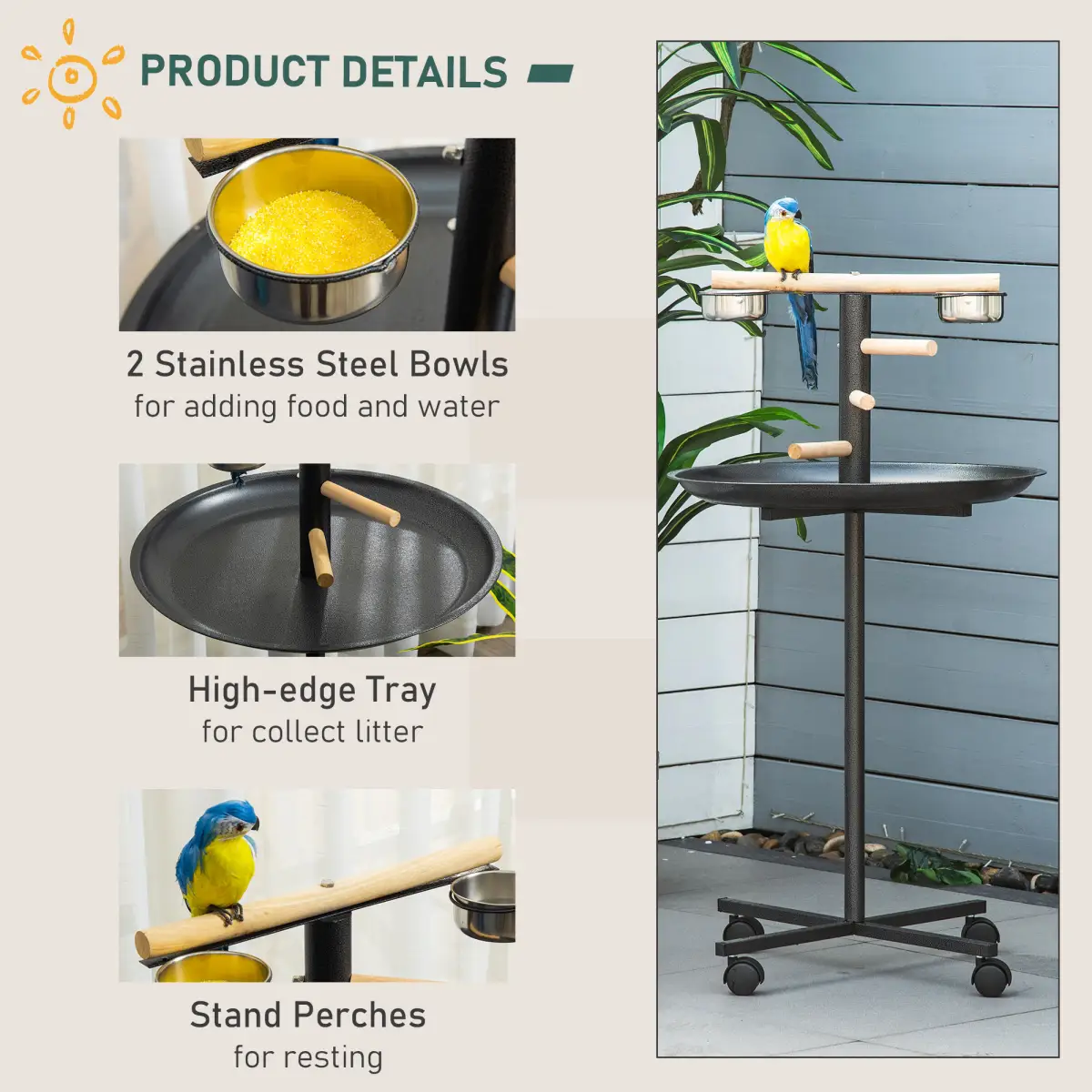 Bird Play Stand Portable Feeder Station w/ Wooden Perches, Stainless Steel Bowls by Pawhut