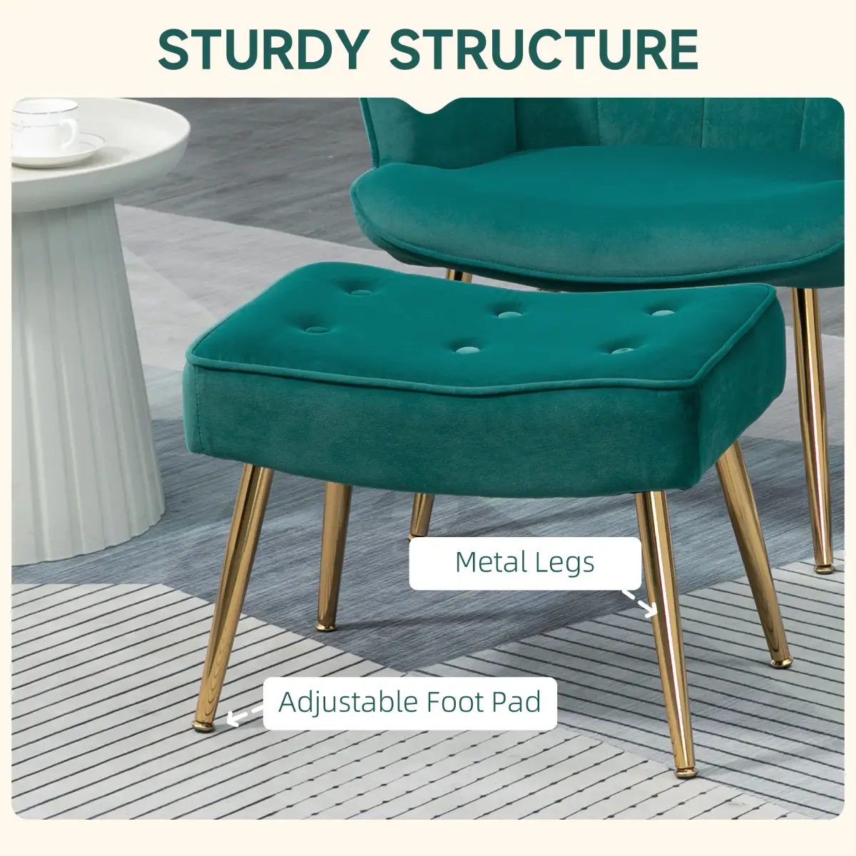 HOMCOM Button Tufted Armchair with Footstool and Gold Tone Steel Legs Dark Green by HOMCOM