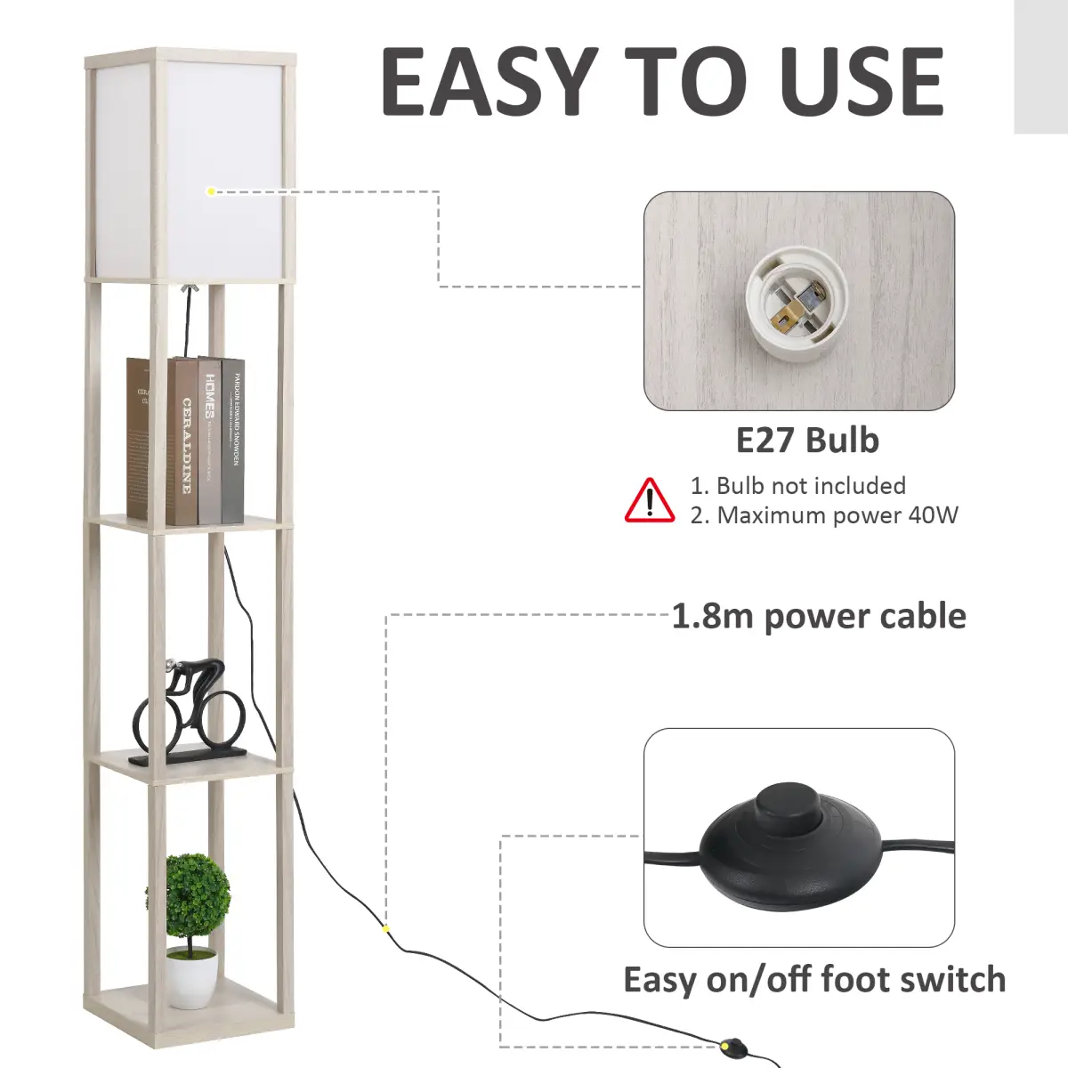 4-Tier Floor Lamp, Floor Light with Storage Shelf White and Oak 3-Tier by HOMCOM