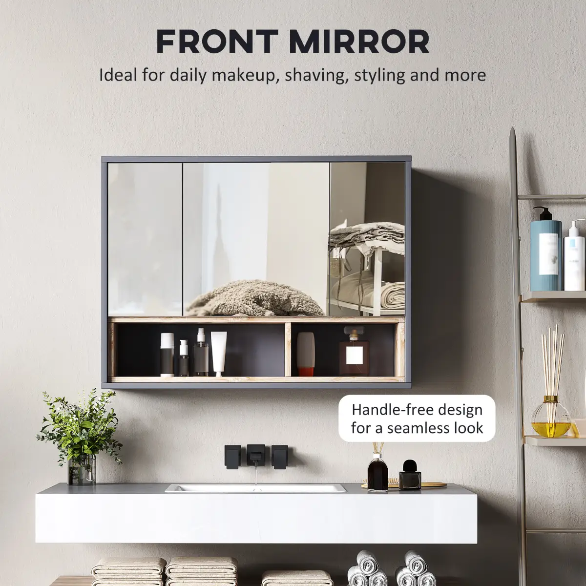 HOMCOM Bathroom Cabinet Wall Mounted Mirror Storage with Shelves Grey by HOMCOM