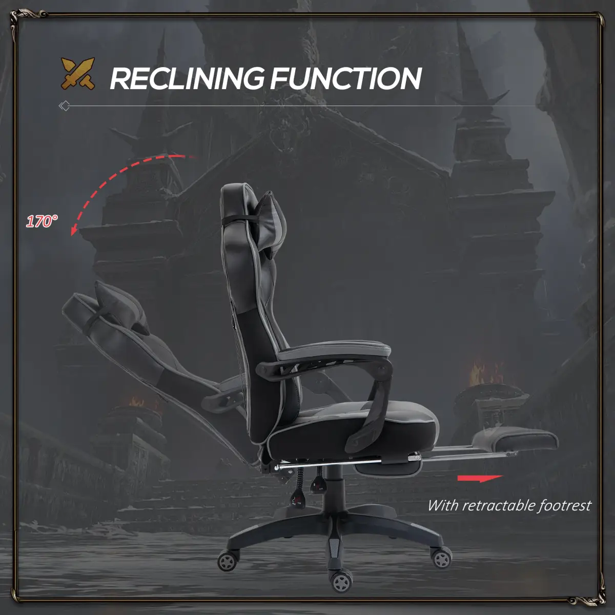 Gaming Chair Ergonomic Reclining w/ Manual Footrest Wheels Stylish Office Grey by Vinsetto