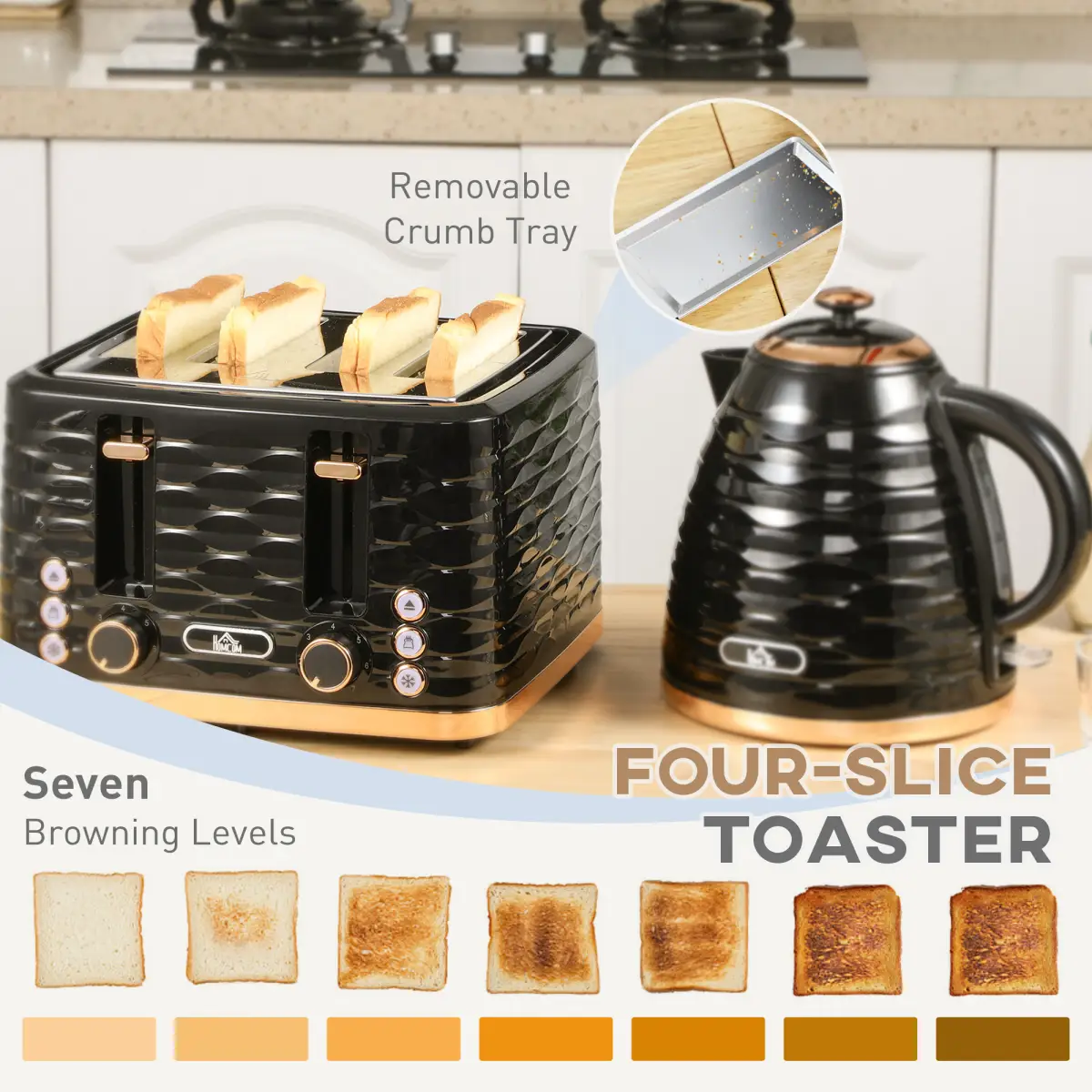 HOMCOM Kettle and Toaster Set 1.7L Rapid Boil Kettle & 4 Slice Toaster Black by HOMCOM