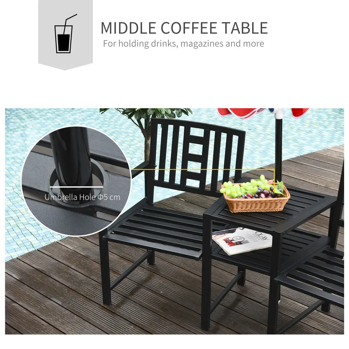 2 Seat Garden Chair Bench Loveseats w/Coffee Table Slatted Design Patio Yard by Unbranded