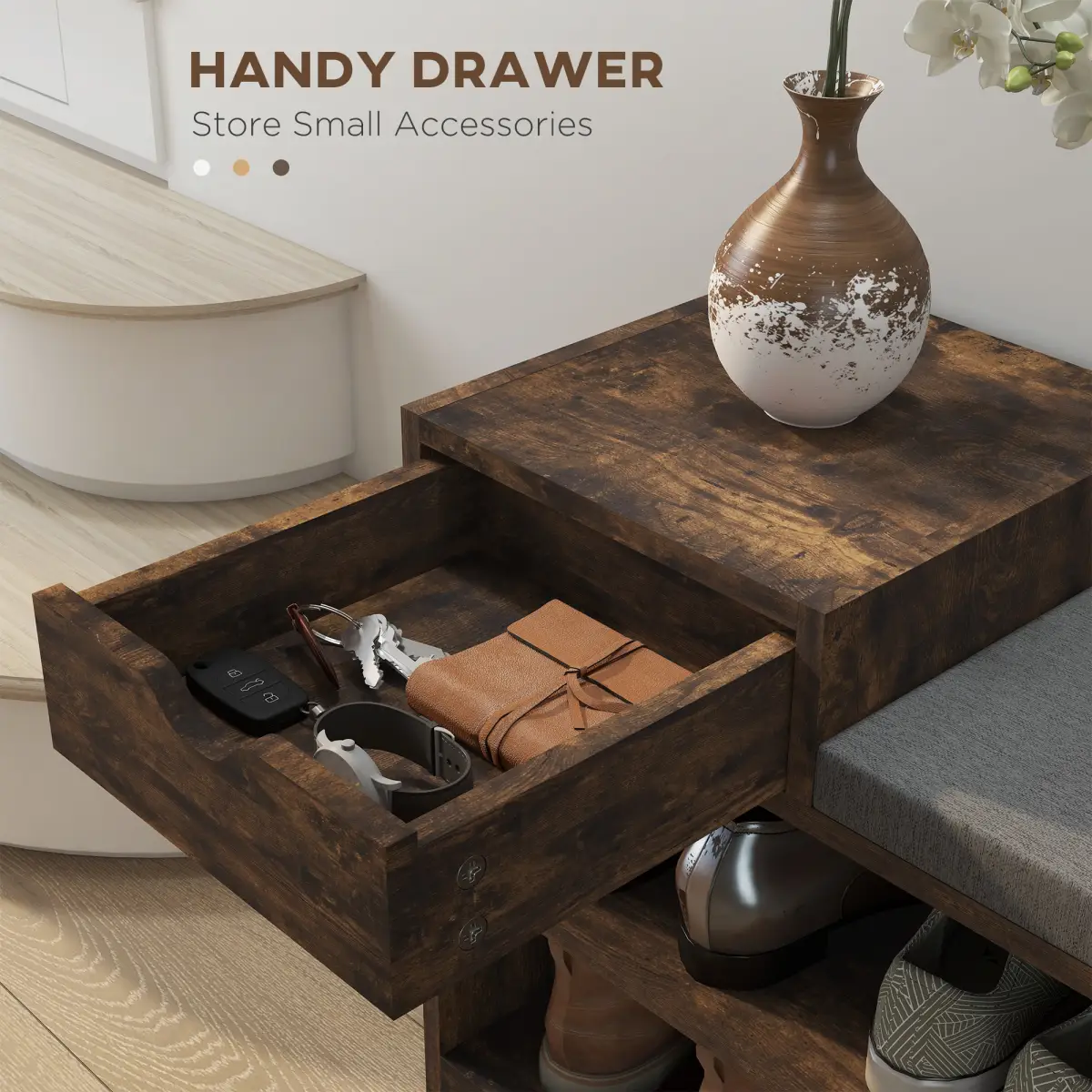 HOMCOM Upholstered Entryway Shoe Bench with Storage Drawer Open Shelf Brown by HOMCOM