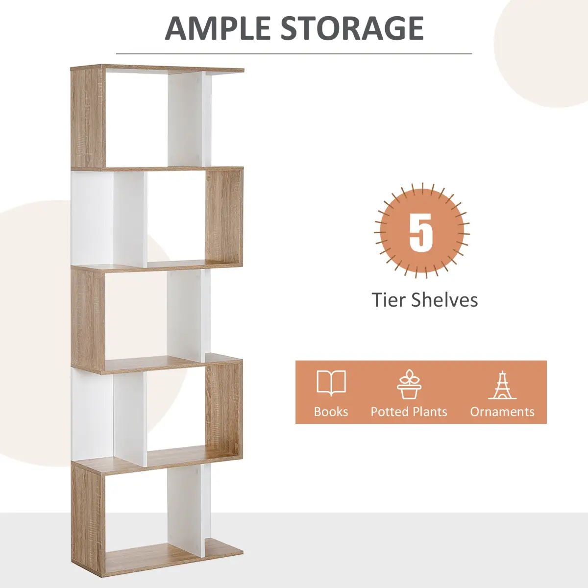 5-tier Display Shelving Storage Bookcase S Shape design Unit Natural by HOMCOM