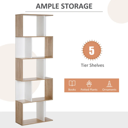 5-tier Display Shelving Storage Bookcase S Shape design Unit Natural by HOMCOM