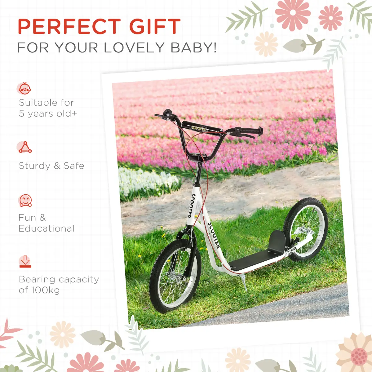 HOMCOM 90-96cm Kids Kick Scooter Adjustable Handlebar Inflatable Wheels White by Unbranded