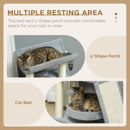 Cat Tree Tower for Indoor Cats w/ Scratching Posts, Pad, Light Grey, Toy Ball by PawHut