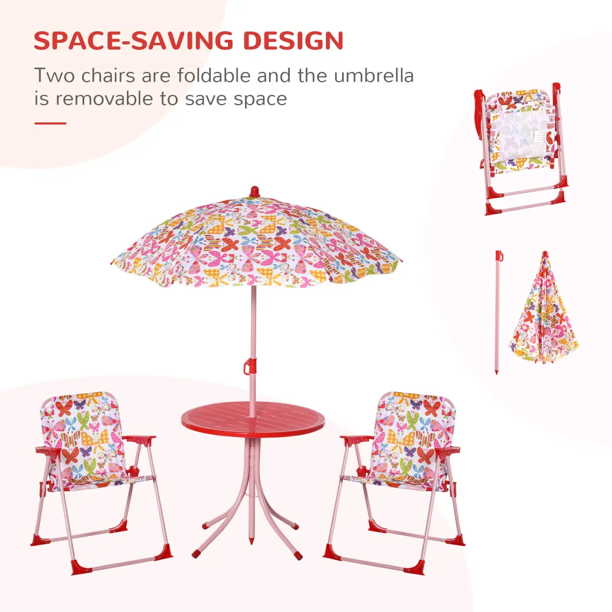 Outsunny Kids Folding Picnic Table Chair Set Butterfly Pattern Outdoor Parasol by Unbranded