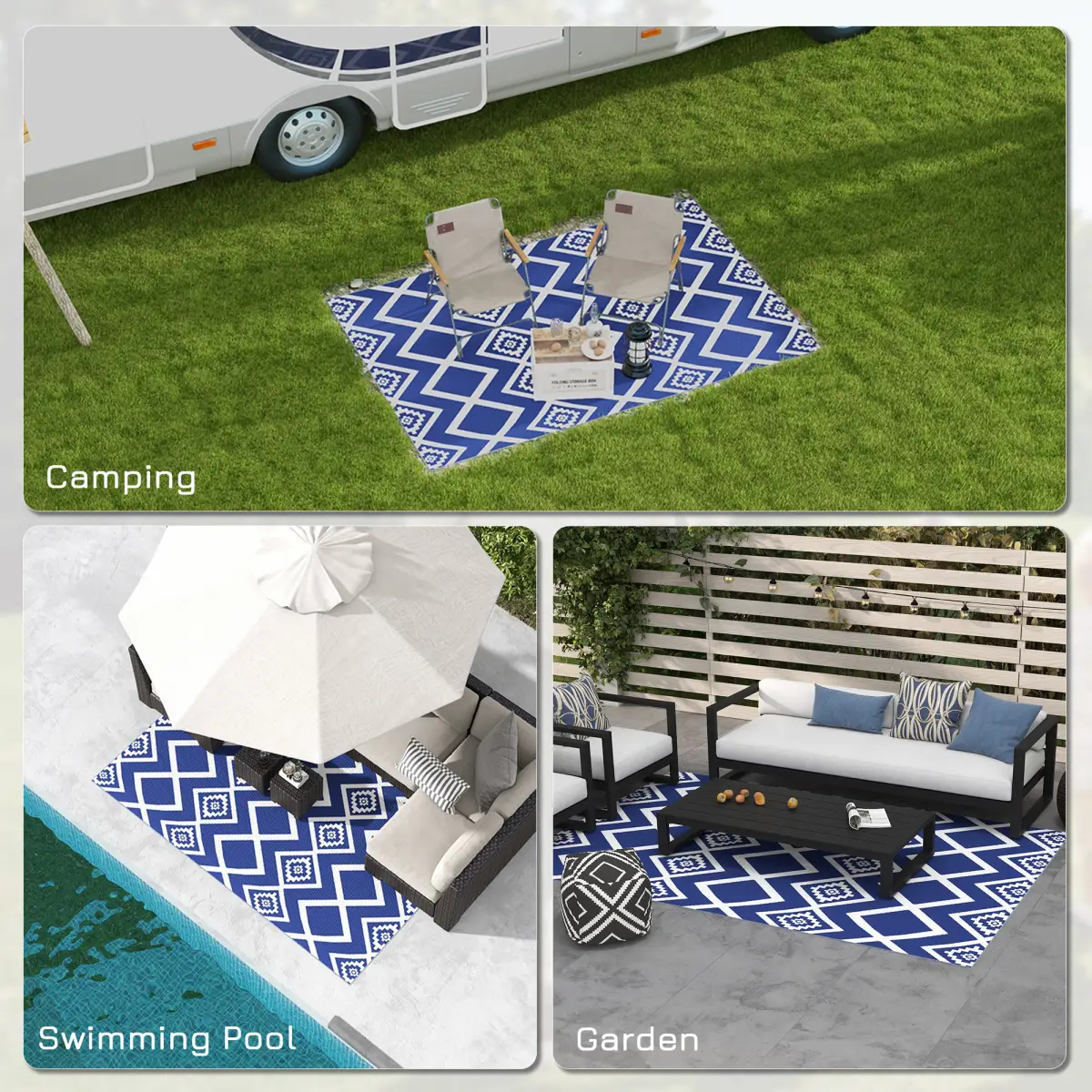 Outsunny Reversible Waterproof Outdoor Rug with Carry Bag, 182 x 274cm, Blue by Outsunny