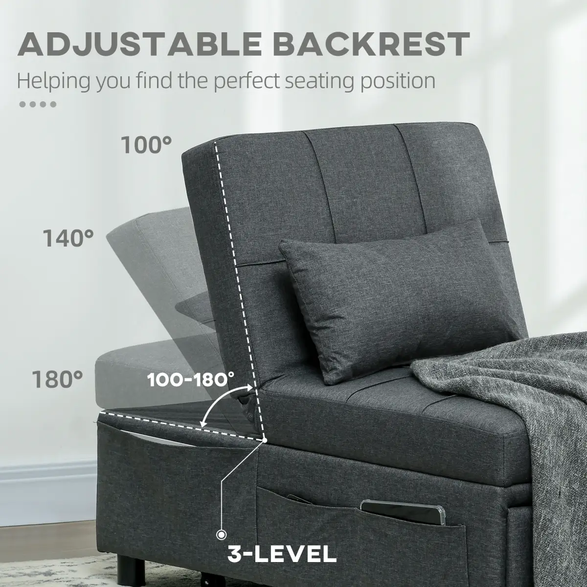 HOMCOM Folding Sofa Bed Adjustable Single Sleeper w/ Pillow Side Pocket, Grey by HOMCOM